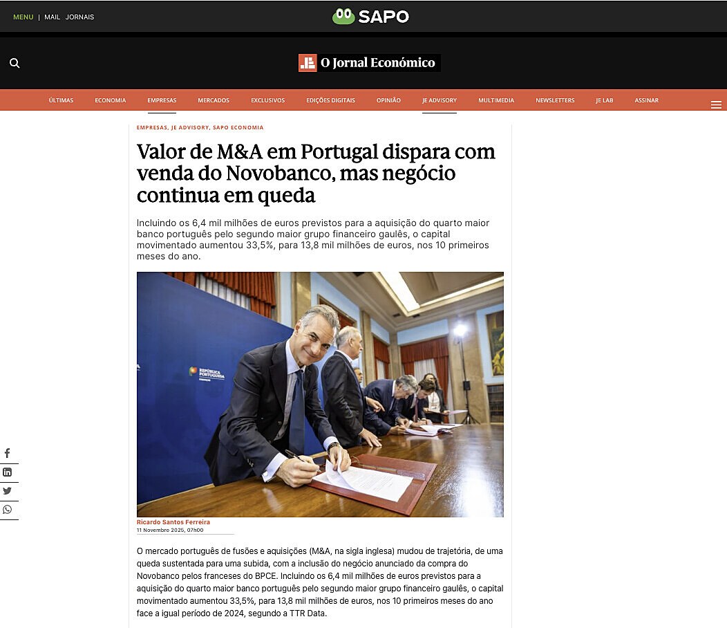 Valor de M&A em Portugal dispara com venda do Novobanco, mas negcio continua em queda